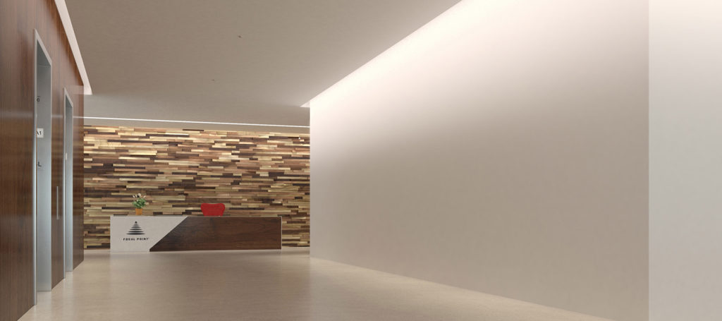 Low profile LED wall slot provides a glowing transition between wall and ceiling and shadow-free illumination.